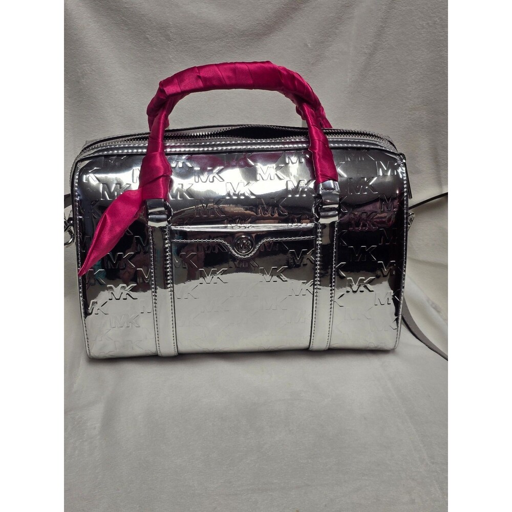 Michael Michael Kors Travel Medium Duffle Satchel Silver Metallic MK Logo